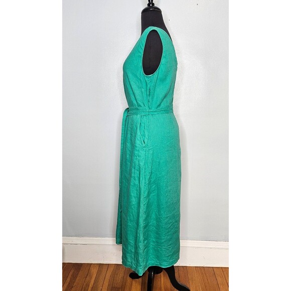NICOLE MILLER 100% Linen Dress 6 Kelly Green Pockets V Neck Sleeveless Belted - Picture 4 of 8